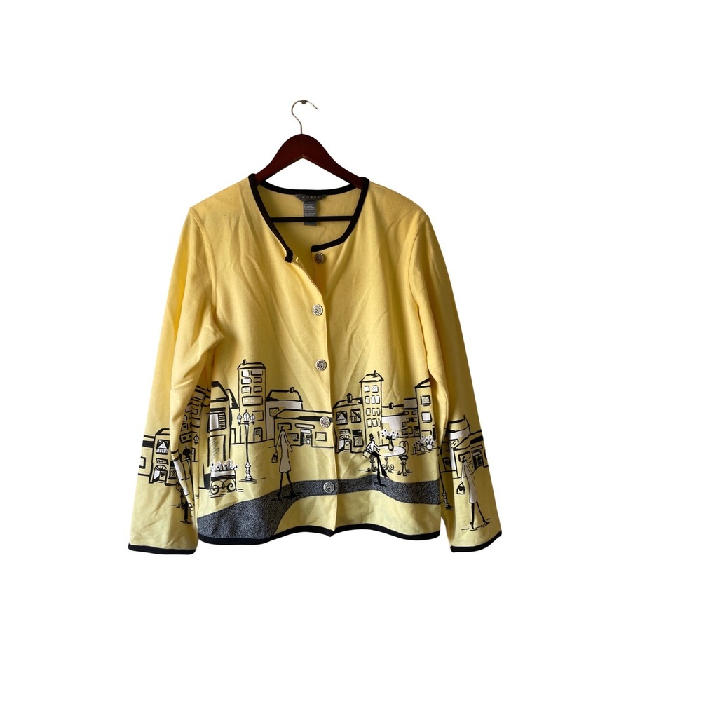 Vintage Yellow Paris Cityscape Novelty Print Button Front Cardigan Sweater Large